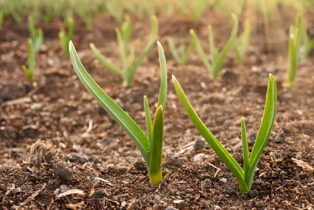 close up of garlic plants in plantation